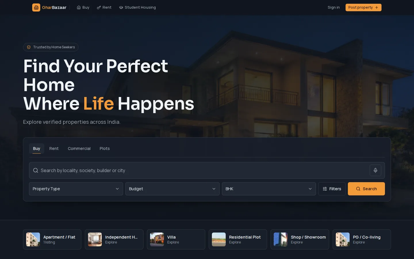 GharBazaar homepage with a property search bar offering buy, rent, commercial and plot modes, plus filters for property type, budget and BHK