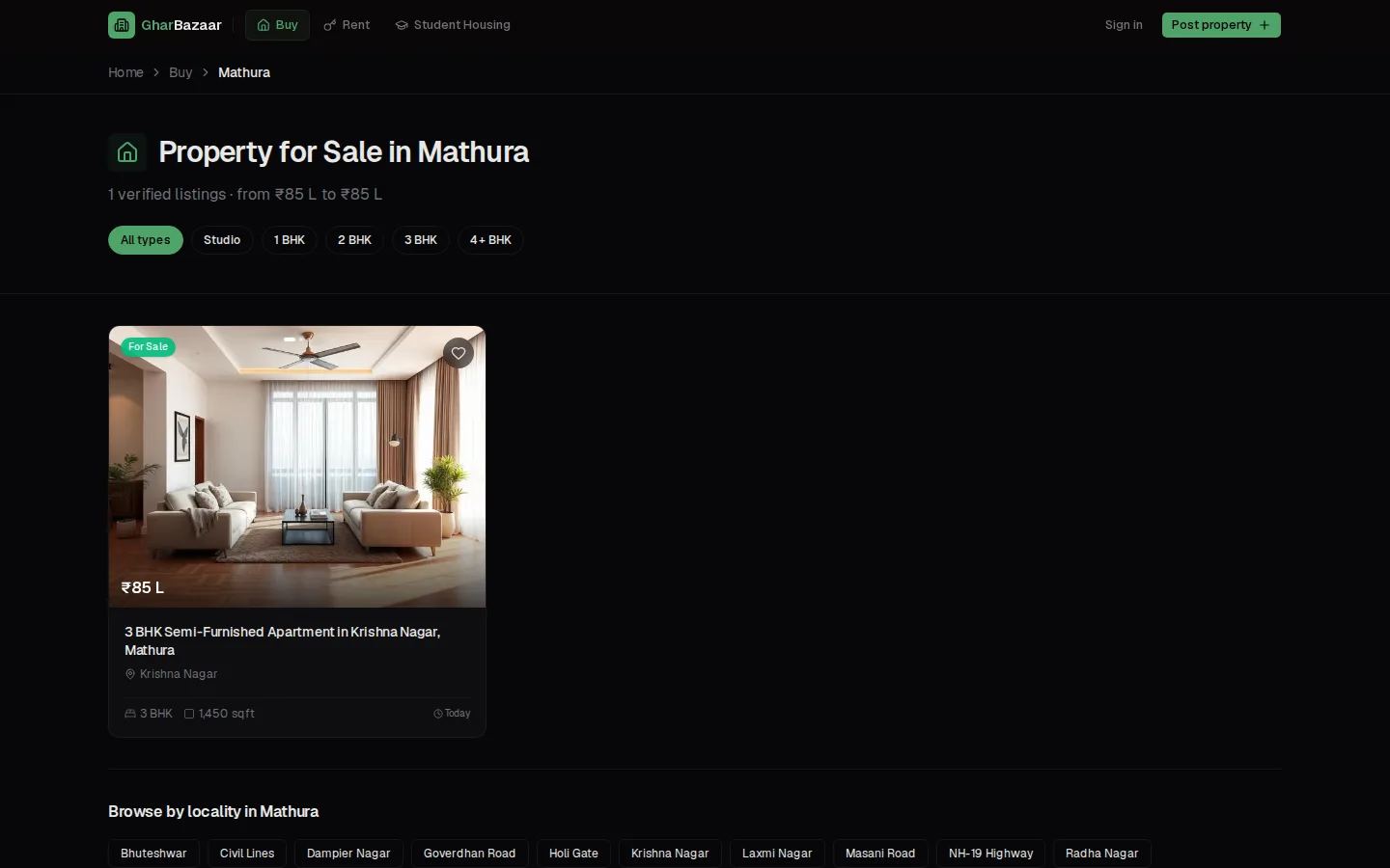 Property listings page for Mathura showing a verified 3 BHK apartment with price, area and configuration, alongside BHK filters and locality navigation