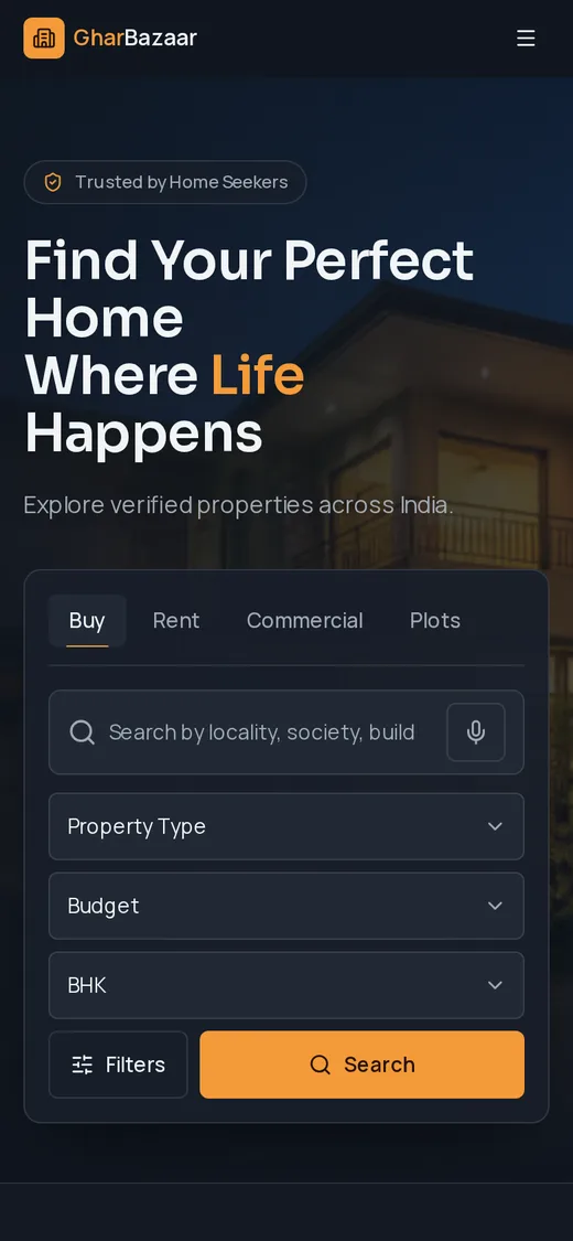 GharBazaar homepage rendered on a phone viewport