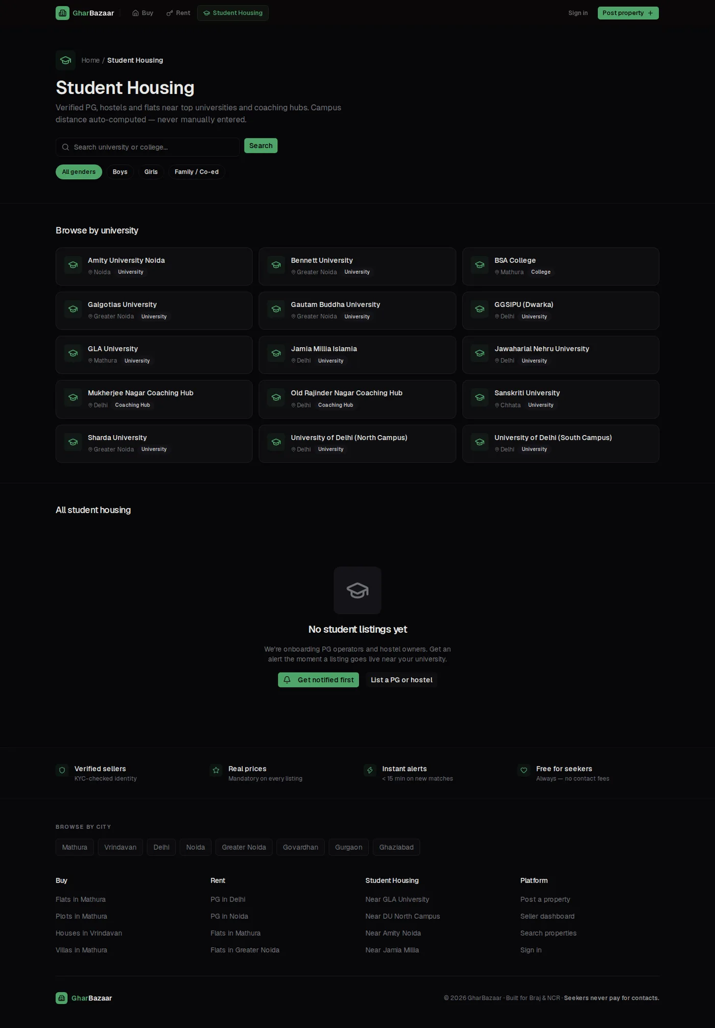 Student housing page listing fifteen universities and coaching hubs to browse by, with gender filters and a note that campus distance is auto-computed