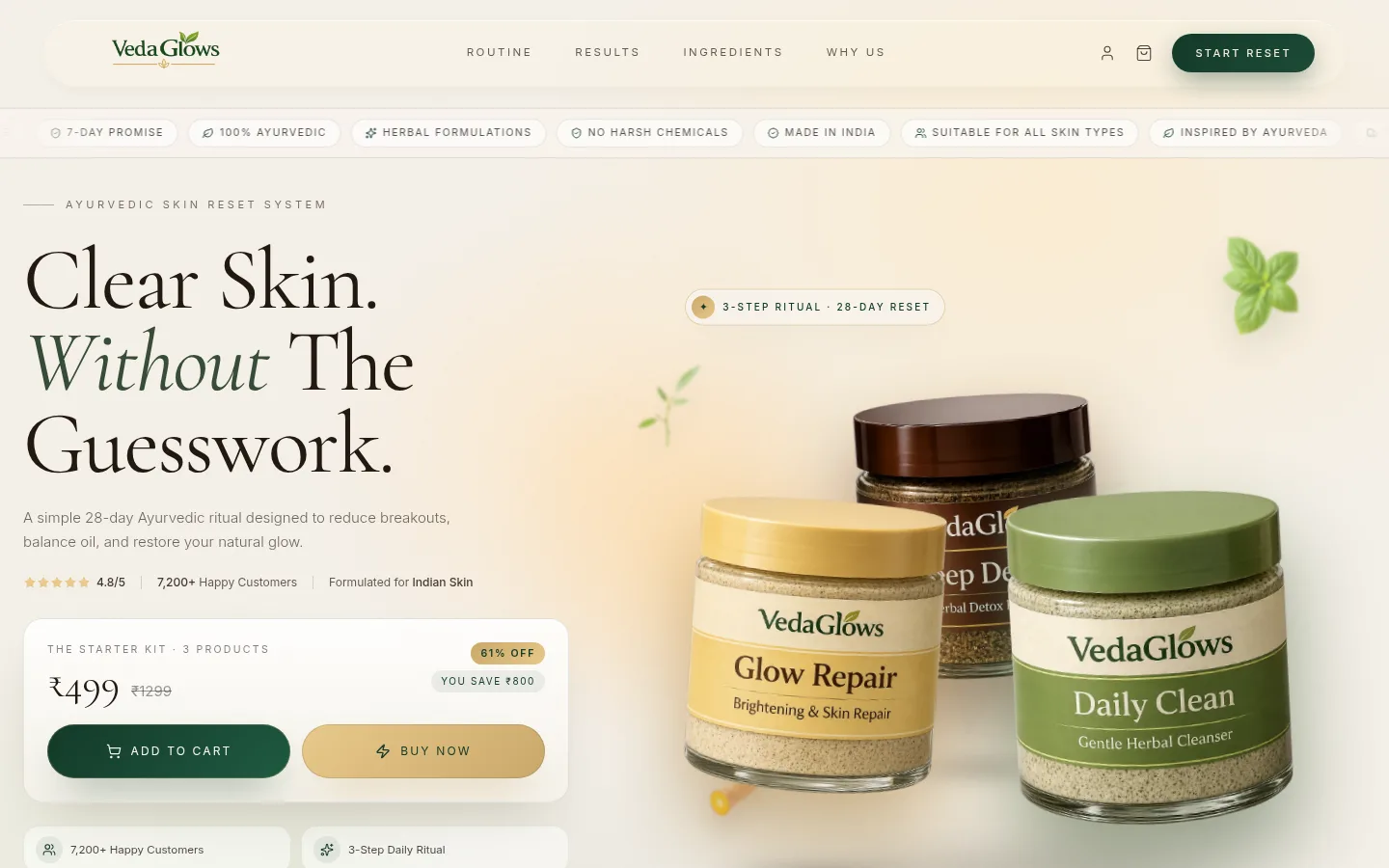 VedaGlow storefront showing the 28-Day Skin Reset kit with pricing and an add-to-cart action