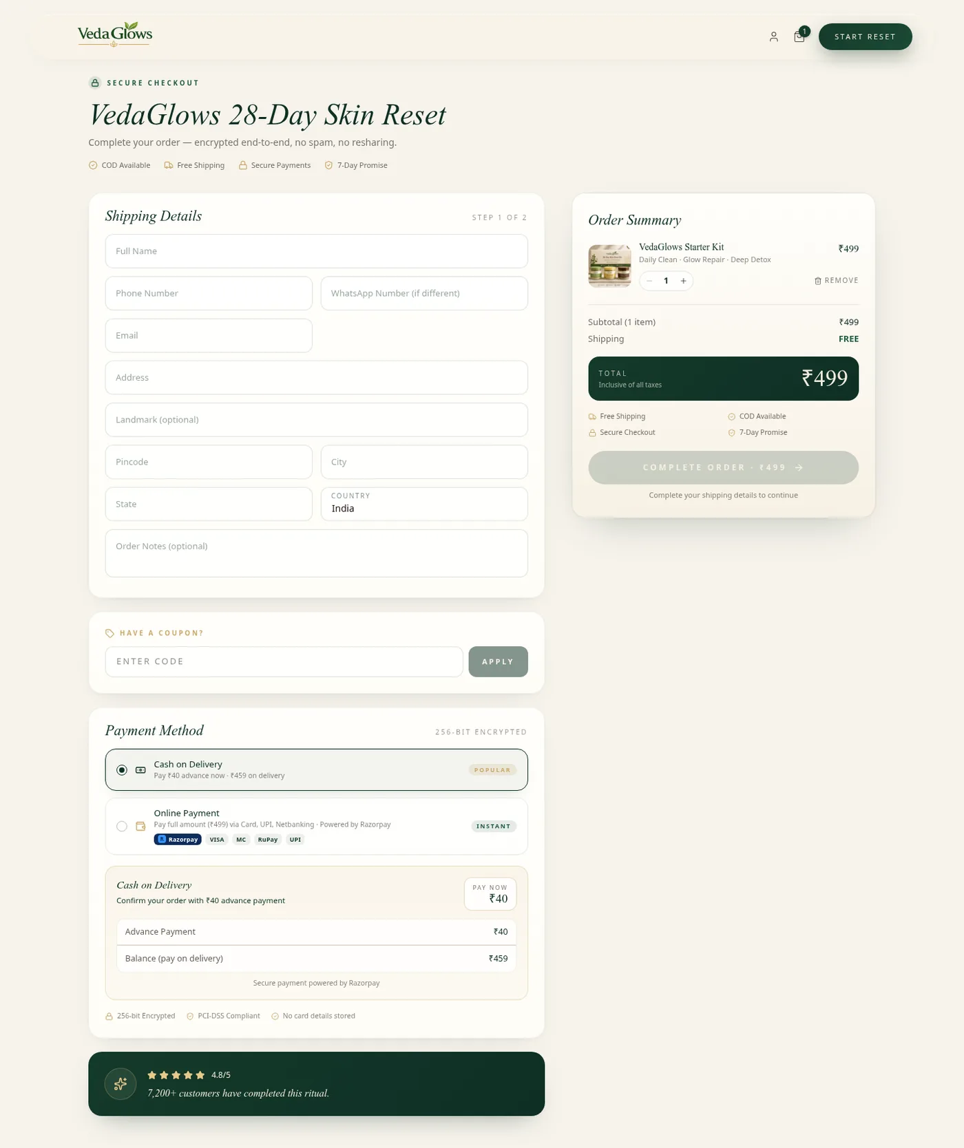 Checkout page showing shipping form with pincode field, coupon entry, and two payment options: cash on delivery with a partial advance, or full online payment via Razorpay
