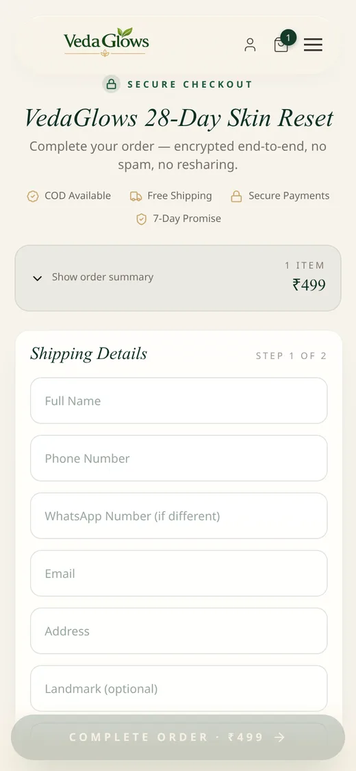 VedaGlow checkout rendered on a phone viewport showing the shipping form