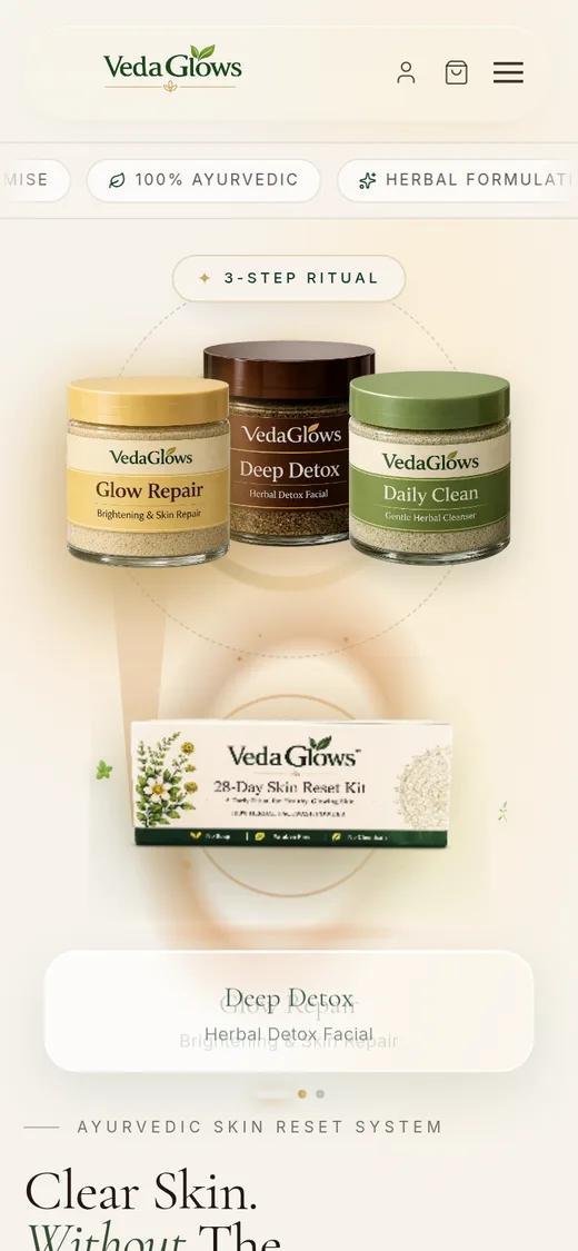 VedaGlow storefront rendered on a phone viewport